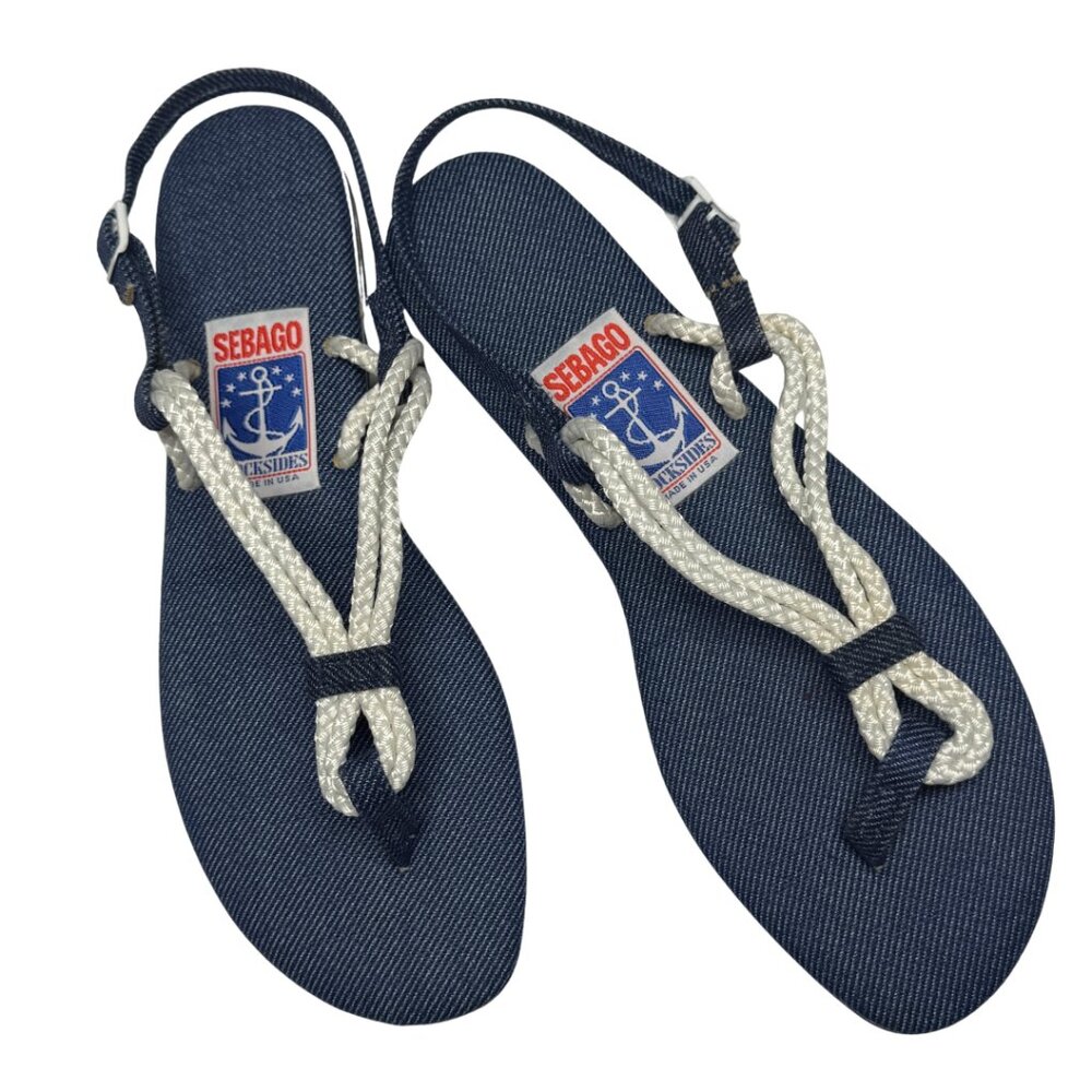 Vintage SEBAGO DOCKSIDES Nautical Rope Sandals - Denim & White - Size 8